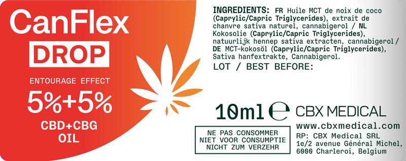 Étiquette CanFlex Drop – Ingrédients naturels : huile de coco MCT, CBD 5 %, CBG 5 %