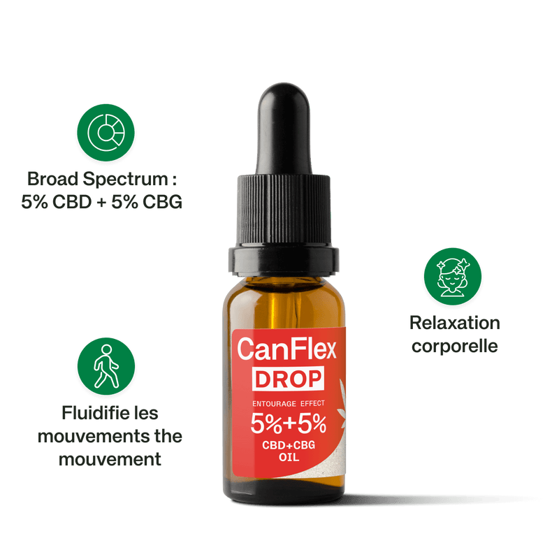 CanFlex Drop – Huile Broad Spectrum CBD + CBG 5% pour relaxation corporelle et mobilité articulaire