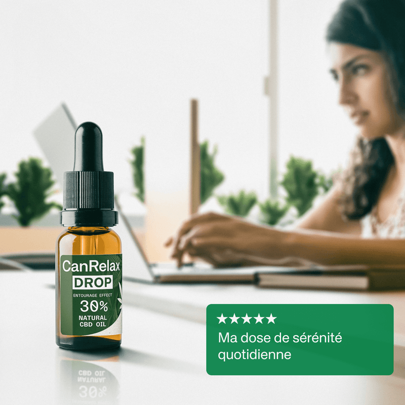 CanRelax Drop 30 – Huile de CBD posée sur un bureau, idéale pour soulager le stress quotidien