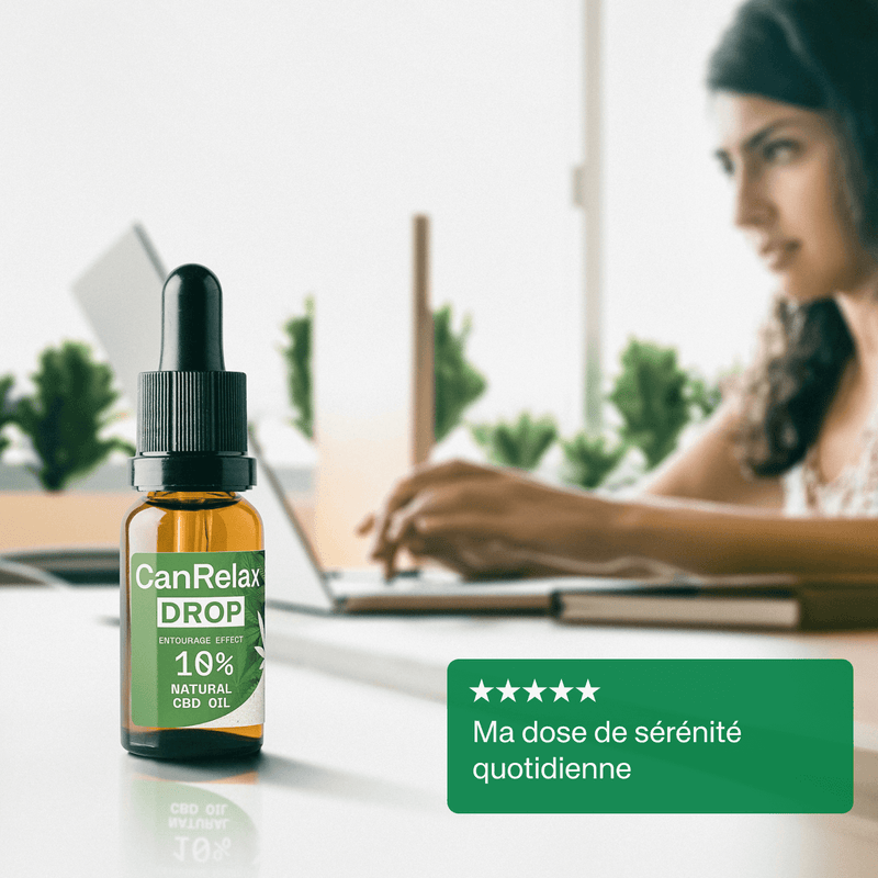 CanRelax Drop 10 – Huile de CBD posée sur un bureau, idéale pour soulager le stress quotidien