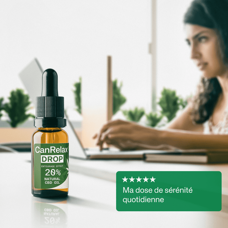 CanRelax Drop 20 – Huile de CBD posée sur un bureau, idéale pour soulager le stress quotidien