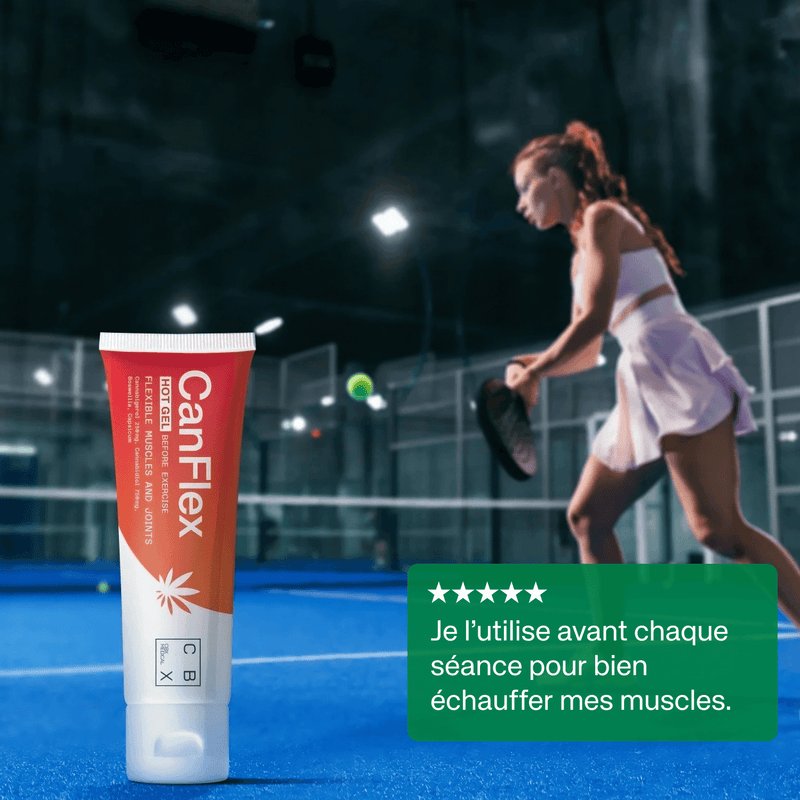 Sportive utilisant CanFlex Hot Gel avant l'entraînement – préparation musculaire